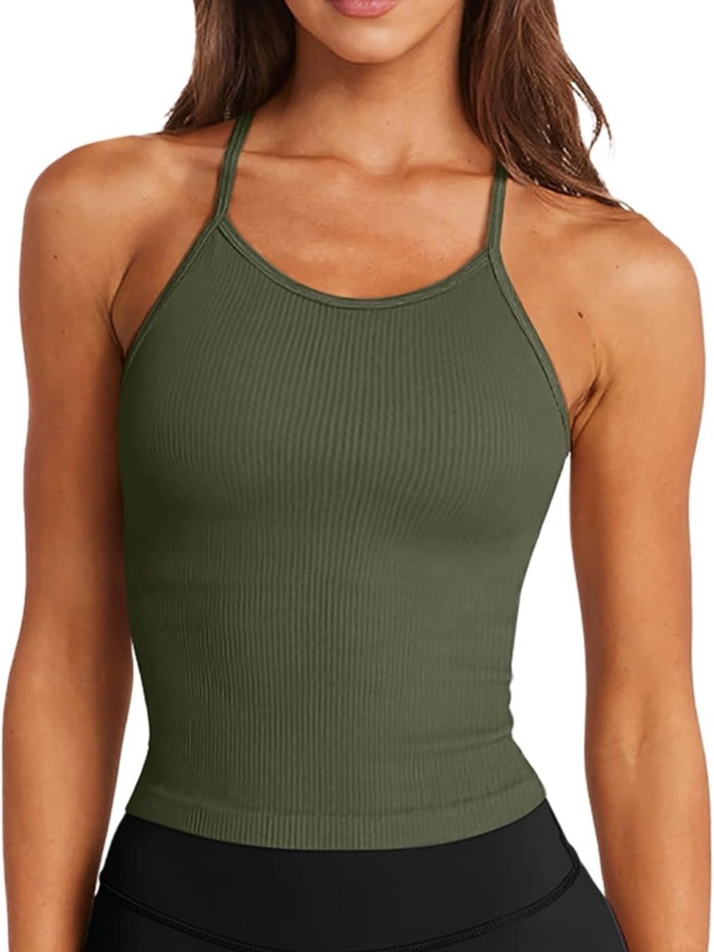 Olive Ribbed High-Neck Tank Top